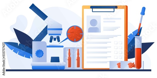 Medical diagnostic concept. Lab research. Patient blood in test tubes. Banner, flyer, landing page template. Exam checklist blank document. Laboratory glassware and tests composition with microscope