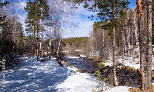 spring landscape in the forest and a stormy river in the Urals, Russia