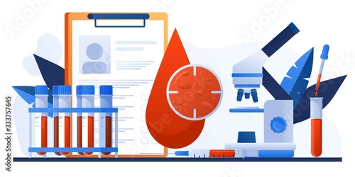 Medical diagnostic concept. Lab research. Patient blood in test tubes. Banner, flyer, landing page template. Exam checklist blank document. Laboratory glassware and tests composition with microscope