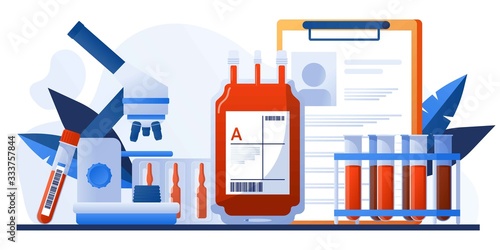 Human blood in donation bag. Blood clinical laboratory analysis. Patient blood in test tubes. Banner, flyer, landing page template. Woman doctor assistance, microscope, medical office, laboratory