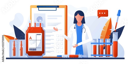 Human blood in donation bag. Blood clinical laboratory analysis. Patient blood in test tubes. Banner, flyer, landing page template. Woman doctor assistance, microscope, medical office, laboratory