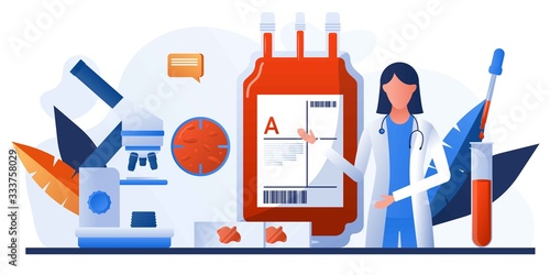 Human blood in donation bag. Blood clinical laboratory analysis. Patient blood in test tubes. Banner, flyer, landing page template. Woman doctor assistance, microscope, medical office, laboratory