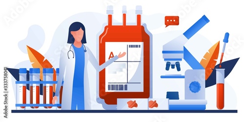 Human blood in donation bag. Blood clinical laboratory analysis. Patient blood in test tubes. Banner, flyer, landing page template. Woman doctor assistance, microscope, medical office, laboratory