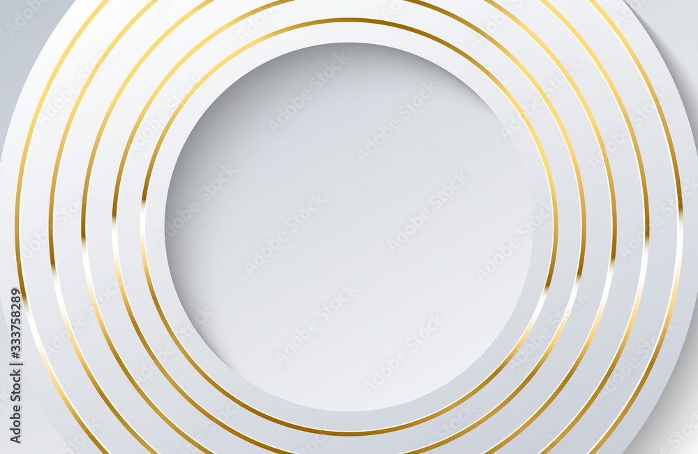 Modern white background with shiny gold circle element. Abstract light silver clean surface. Elegant circle shape design with golden line vector Modern white background with shiny gold circle element. Abstract light silver clean surface. Elegant circle shape design with golden line vector