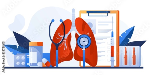 Pulmonology of human lung for website, banner. Fibrosis, tuberculosis, pneumonia, cancer, lung diagnosis doctors treat, scan lungs. Stethoscope, pharmacy, drugs. Virus in lung. Coronavirus, COVID-19.