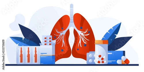 Pulmonology of human lung for website, banner. Fibrosis, tuberculosis, pneumonia, cancer, lung diagnosis doctors treat, scan lungs. Stethoscope, pharmacy, drugs. Virus in lung. Coronavirus, COVID-19.