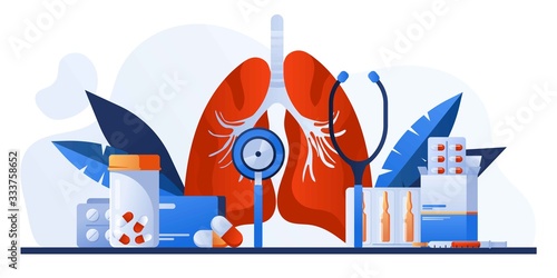 Pulmonology of human lung for website, banner. Fibrosis, tuberculosis, pneumonia, cancer, lung diagnosis doctors treat, scan lungs. Stethoscope, pharmacy, drugs. Virus in lung. Coronavirus, COVID-19.