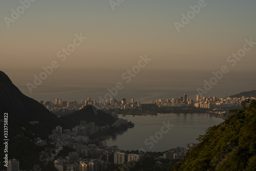 Aerial, panoramic view of Lagoa at sunrise in Rio de Janeiro Brazil