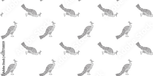 Seamless pattern of hand-drawn black peacocks in the style of meditative zen and boho on a white background. Endless texture of pheasant birds. For fabric, textile, wallpaper, clothes. Vector.