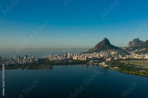 Aerial, panoramic view of Rio de Janeiro, Dois Irmaos and Pedra de Gavia