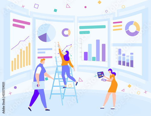 Informative Banner, Processing Data from App. People Highlight Truly Effective Ideas and Bring Whole Brainstorming to Common Denominator. Woman Stands on Stairs and Points to Table.
