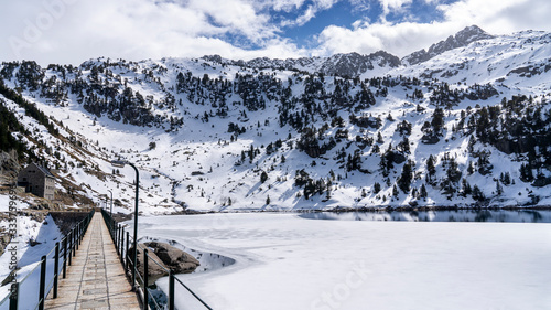 Restance lake and refuge in National Park of Aigüestortes and lake of Sant Maurici.