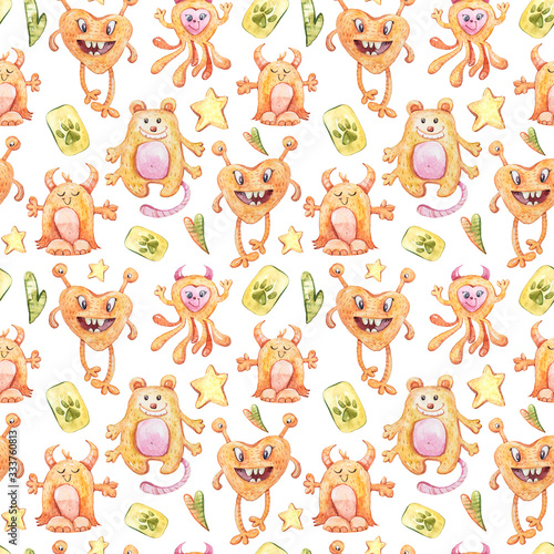 Fototapeta Naklejka Na Ścianę i Meble -  Watercolor hand painted cute cartoon monsters clipart. Seamless pattern isolated on white background. Can be used for patterns, design greeting cards for holiday, birthday, invitations, poster, print