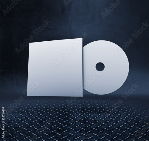 Album CD mock up with a dark metal backdrop. A minimal template, layout to use your own CD cover (3D rendering) photo