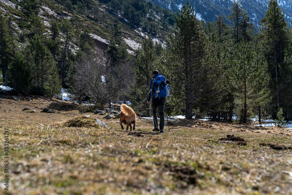 Hiker with his dog on the mountain.