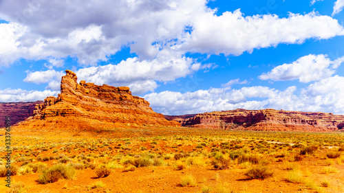 The Red Sandstone Buttes and Pinnacles in the semi desert landscape in the Valley of the Gods State Park near Mexican Hat, Utah, United States