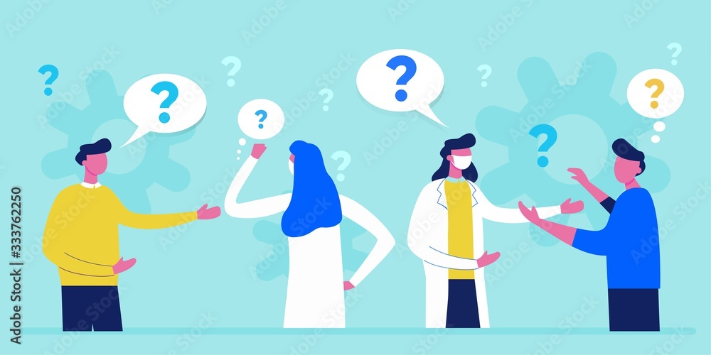 Patient and doctor with face mask talking, examination and check up. Medical care vector illustration. Diagnosis and treatment of coronavirus. Healthcare concept banner. COVID-19 Vaccine treatment.