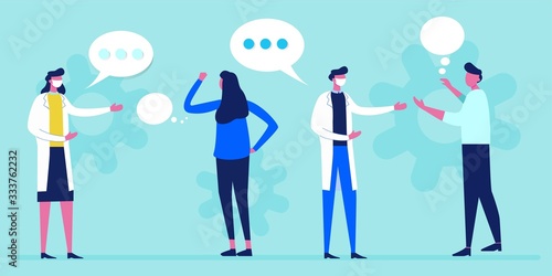 Patient and doctor with face mask talking, examination and check up. Medical care vector illustration. Diagnosis and treatment of coronavirus. Healthcare concept banner. COVID-19 Vaccine treatment.