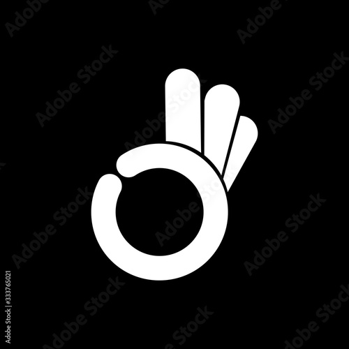 Good and OK or abstract okey. Hand symbol gesture logo design templatet in white on isolated black background. EPS 10 vector.
