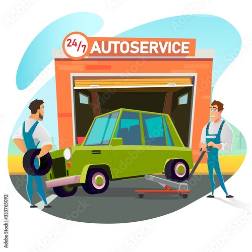 Repairman Lifting Car on Adjustable Jack for Checkup. Coworker Waiting for Diagnostic Results with New Tire in Hand. Cartoon Round-the-Clock Automotive Service Building. Vector Flat Illustration