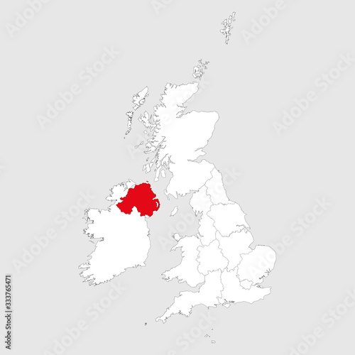 Northern Ireland map highlighted red on united kingdom political map. Light gray background. Perfect for Business concepts, backgrounds, backdrop, chart, label, sticker, banner and wallpapers.