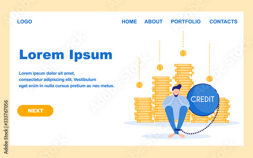 Sorrowful Man, Dreaming Day, When He Will Pay All His Debt Off, Feeling Like Credit Commitments Are as Heavy, as Weight, Eating Time and Interfering Life. Flat Vector Landing Page with Copy Space.