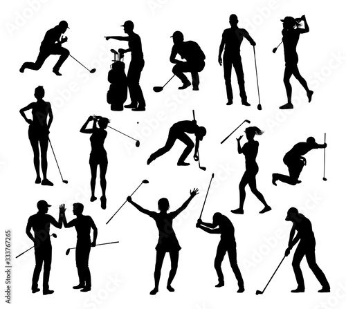 A set of golfer sports people playing golf in various poses