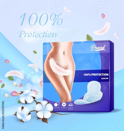 Promo Banner for Feminine Hygienic Pads with Wings. Realistic Vector 3d Pack with Hygiene Product, Place for Brand Name and Beautiful Female Body Feather Covered Illustration. 100% Protection Text