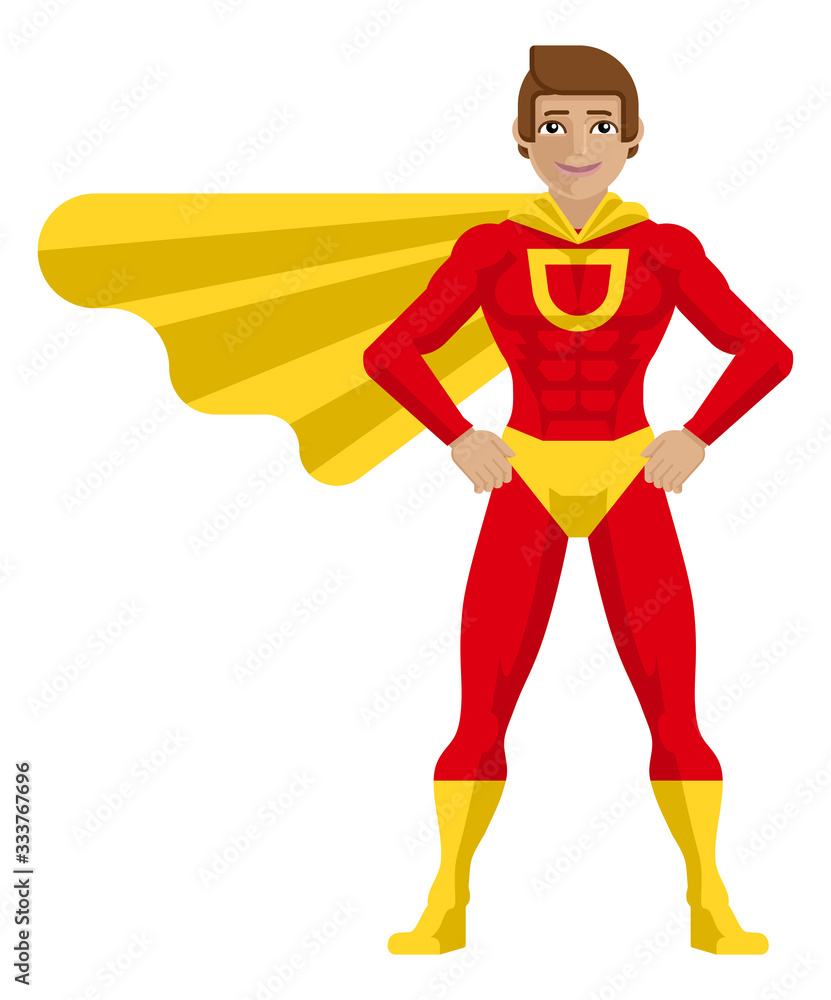 A superhero cartoon mascot man in his red and yellow super hero costume  compete with cape in a flat modern cartoon style Stock Vector | Adobe Stock