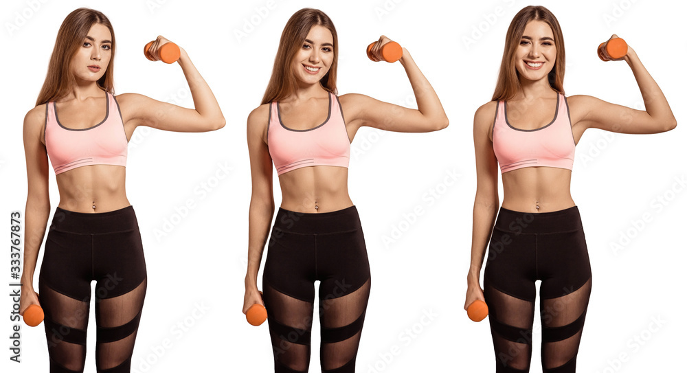Beautiful, woman stands in sportswear. Tight, athletic body, thin, flat  stomach. Holding dumbbells in his hands. Download biceps, chest muscles.  Drying. Do fitness. White background, isolate. Stock Photo