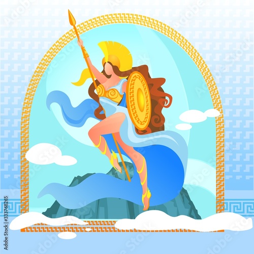 Warlike Goddess Athena in Golden Armor on Top of Olympus Mountain with Clouds in Sky. Deity of Victorious War in Greek Culture. Athletic Woman Holding Shield and Spear Cartoon Flat Vector Illustration