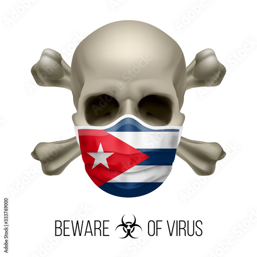 Human Skull with Crossbones and Surgical Mask in the Color of National Flag Cuba. Mask in Form of the Cuban Flag and Skull as Concept of Dire Warning that the Viral Disease Can be Fatal