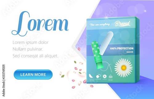 Landing Page with Chamomile Hygienic Tampon and Applicator in Green Pack. Mockup with Copy Space for Editable Hygiene Product Presentation Text. Maximum Protection. Realistic Vector 3d Illustration