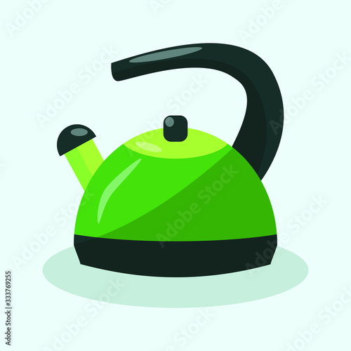 Modern traditional metal green kettle with a whistle isolated on a light blue background
