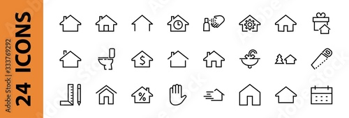 Simple set of line vector home icons. Contains house symbols at interest, infuse house and more. Editable stroke. 480x480 pixels perfect