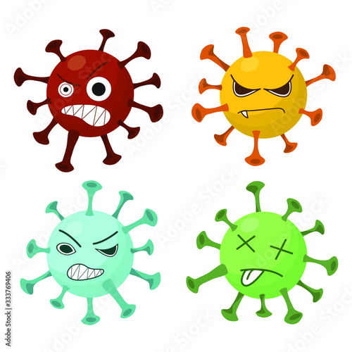 A set of four emotional characters is isolated on a white background. Multicolored coronavirus bacteria are drawn in cartoon style