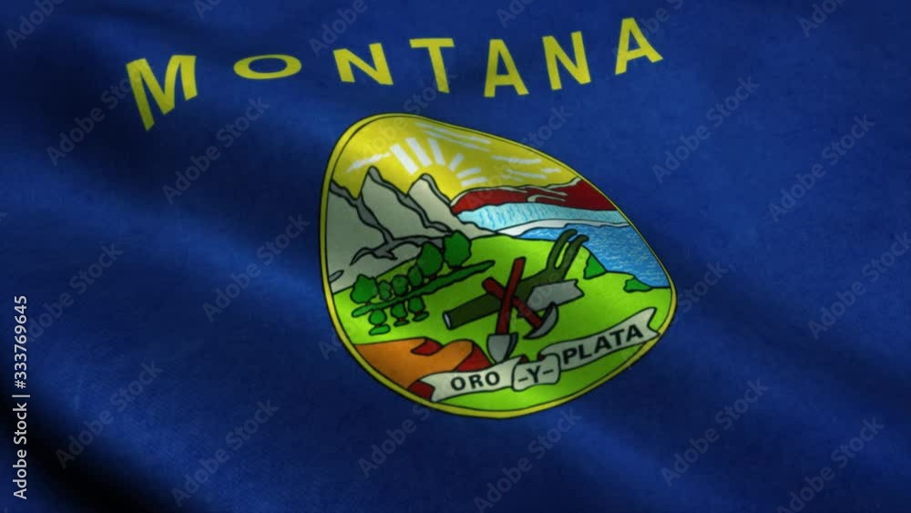 Montana State flag waving in the wind. National flag of Montana. Sign