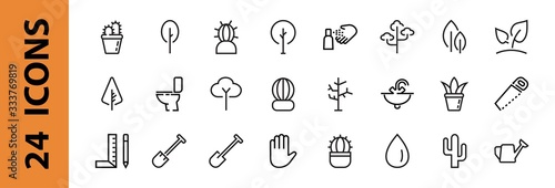 A set of Rosteniya Icons, and garden care, Vector illustration, Contains Icons such as tree, cactus, watering can, spade, flower and much more. on a white background, editable bar 480x480