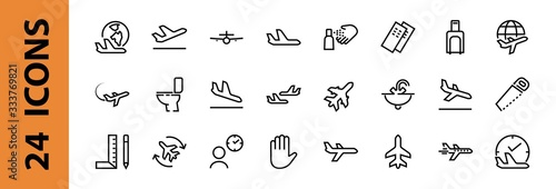 A simple set of airport related vector line icons. Contains badges such as departure, boarding, waiting time, boarding, find a place to travel tickets, and much more. Editable stroke. 48x48 pixels
