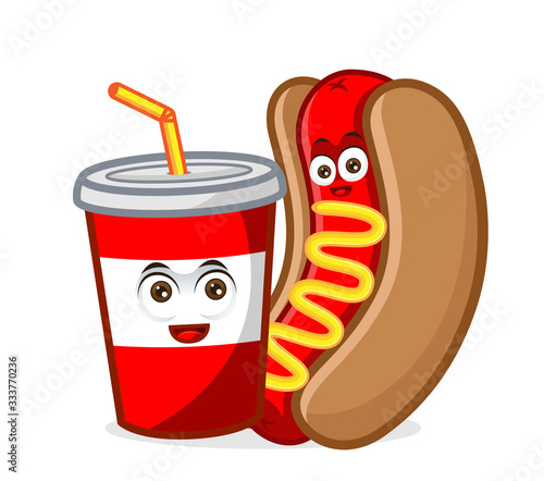 hotdog mascot cartoon illustration wirh a soft drink