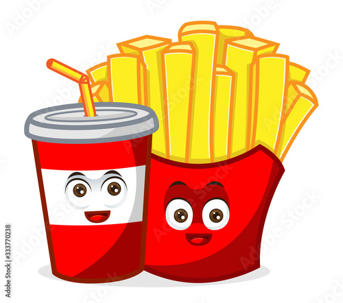 French Fries Mascot with soft drink cartoon illustration