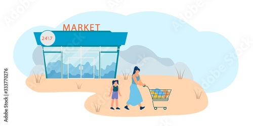 Happy Family of Young Mother and Little Daughter Pushing Trolley with Goods Leaving Market Place after Shopping. Woman and Girl Spend Time Together Purchasing Things. Cartoon Flat Vector Illustration