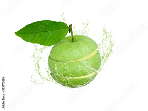 Water splashing on fresh Green guava fruit isolated on white background