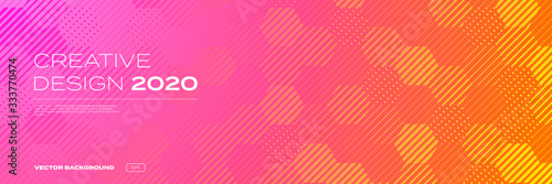 Color gradient background, geometric halftone pattern, vector abstract trendy graphic design. Honeycomb mosaic line pattern in orange and pink red halftone gradient background