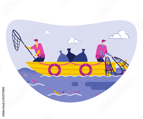 Male Volunteers Gathering Trash from Sea or Ocean on Boat, with Help Nets Full of Rubbish Flat Vector Illustration. Garbage Collected in Packages. Water Purification. Cleaning and Saving Nature.