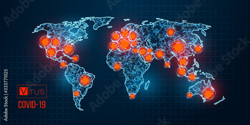 World map novel pandemic coronavirus COVID-2019. Epidemic spread by country on a blue background. Analysis and study of a new virus. The invention of a vaccine against the 2019-nCoV. Vector