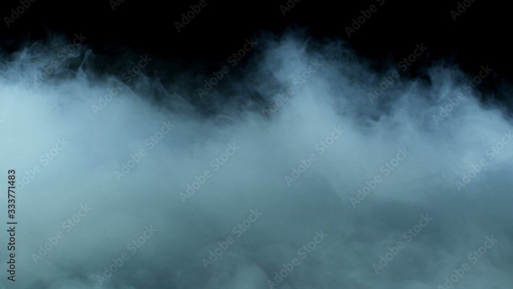 Real Thunder Lightning in Storm Clouds on dark black background photo. Dry Ice Smoke Still real design.