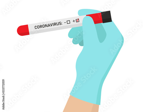 Coronavirus test tube in hand. Medical gloves. Blood Sample. Flat vector illustration