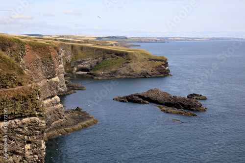 Crawton Bay (Scotland), UK - August 01, 2018: Cliff view at Crawton Bay, Scotland, Highlands, United Kingdom