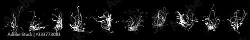 Set of ink calligraphy graphics elegant shapes. Abstract black and white imprint set. Horizontal format, inversion. Vector clipart. Dynamic splash. Background design for poster, cover, banner, placard